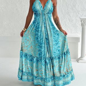 Floral Print V Neck Lace Up Spaghetti Strap Maxi Dress Casual A Line Smocked Dress, women Maxi Dresses, ChicMe catalog