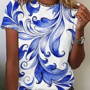 Women's Short Sleeve Tee T-shirt Summer Floral Jersey Crew Neck Daily Going Out Casual Top, JustFashionNow T-Shirts, color:Blue|size:XXL,