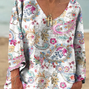 Paisley V Neck Casual T-Shirt, Long sleeves, Lilicloth.com