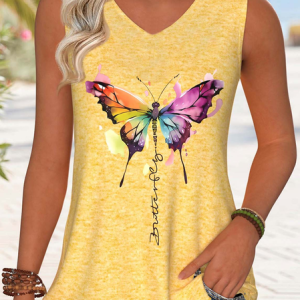 Butterfly Cotton-Blend Casual Tank Top, Tank Tops, Lilicloth.com