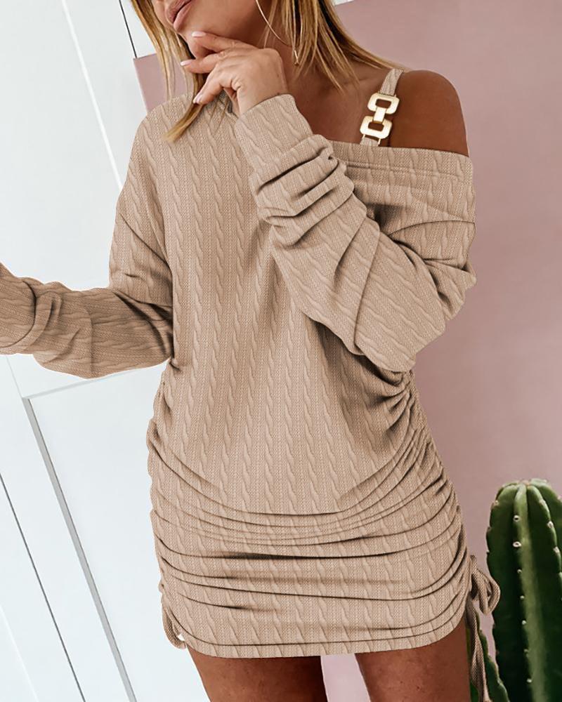 Drawstring Ruched Long Sleeve Chain Decor Textured Dress, women Casual Dresses, ChicMe catalog - Image 2