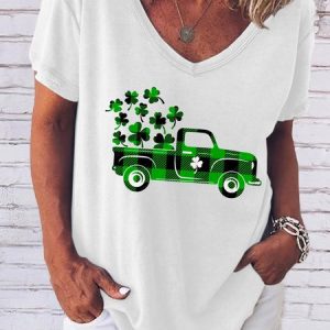 Women's Car Short Sleeve Tee T-shirt V Neck Casual Summer Top, JustFashionNow T-Shirts, color:White|size:3XL,