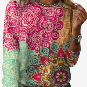 Women's Long Sleeve Tee T-shirt Spring/Fall Ethnic Jersey Crew Neck Daily Going Out Casual Top, JustFashionNow T-Shirts, color:Rose Red|size:XXL,