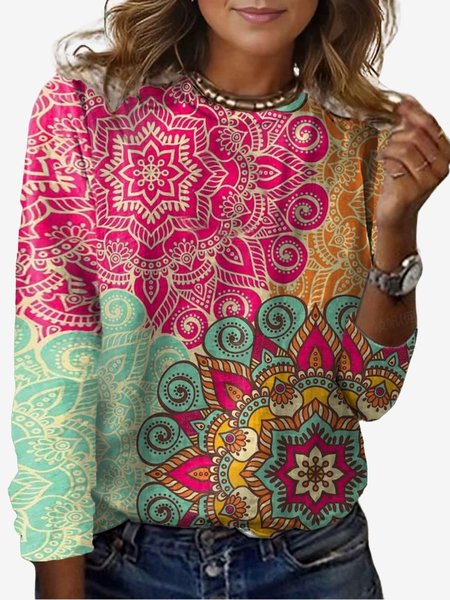 Women's Long Sleeve Tee T-shirt Spring/Fall Ethnic Jersey Crew Neck Daily Going Out Casual Top, JustFashionNow T-Shirts, color:Rose Red|size:XXL,