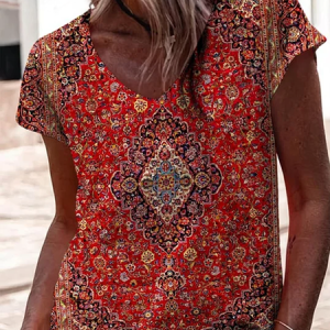 Abstract national pattern Casual V Neck Cotton-Blend T-Shirt, T-shirts, Lilicloth.com