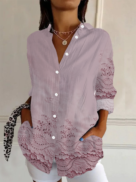 Women's Floral Long Sleeve Shirt Spring/Fall Buckle Shirt Collar Daily Casual Top, JustFashionNow Shirts, color:Pink|size:XXL,