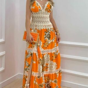 Floral Print Contrast Lace Split Hem Maxi Dress, women Maxi Dresses, ChicMe catalog