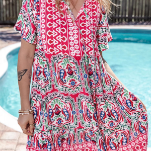Women Floral Summer Printing Dress V Neck Short Sleeve A-Line Dress, Dresses, color:Pink|size:5XL, catalog Noracora shop