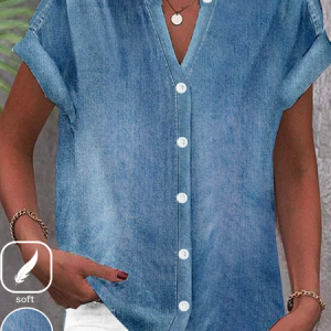 Denim Washing Process Stand Collar Casual Denim Blouse, JustFashionNow Denim Blouses, color:Blue|size:XXL,