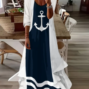 Women Anchor Printing Two-Piece Set Daily Three Quarter Sleeve Casual Spring/Fall Dress With Coat Matching Set, JustFashionNow Suit Set, color:As Picture|size:XXL,