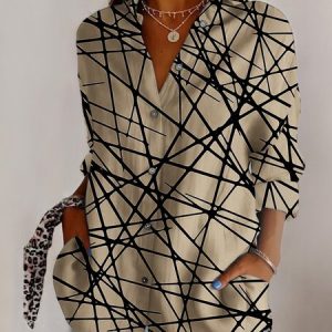 Shirt Collar Long Sleeve Geometric Regular Micro-Elasticity Regular Fit Shirt For Women, Shirts, color:Khaki|size:5XL, catalog Noracora shop
