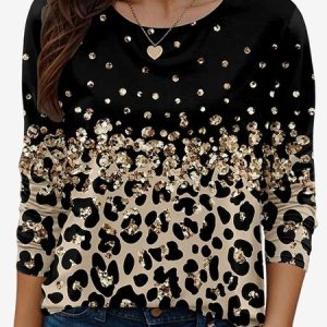 Women's Long Sleeve Tee T-shirt Spring/Fall Leopard Jersey Crew Neck Holiday Going Out Casual Top, JustFashionNow T-Shirts, color:Black|size:XXL,
