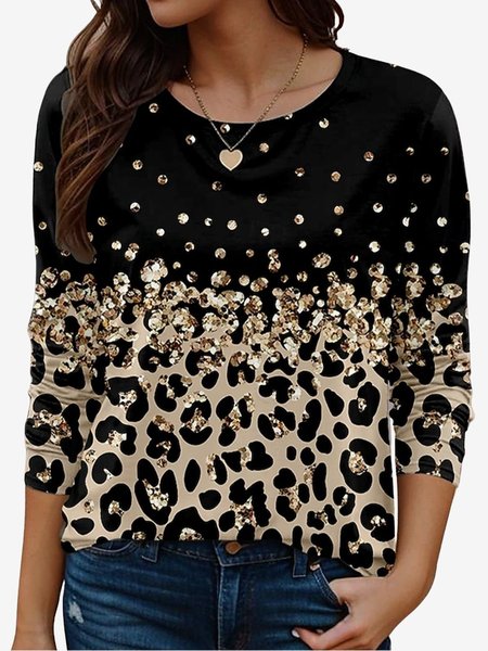 Women's Long Sleeve Tee T-shirt Spring/Fall Leopard Jersey Crew Neck Holiday Going Out Casual Top, JustFashionNow T-Shirts, color:Black|size:XXL,