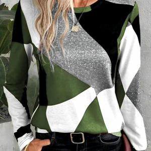 Women's Long Sleeve Tee T-shirt Spring/Fall Multicolor Block Crew Neck Daily Going Out Casual Top, JustFashionNow T-Shirts, color:Army Green|size:XXL,