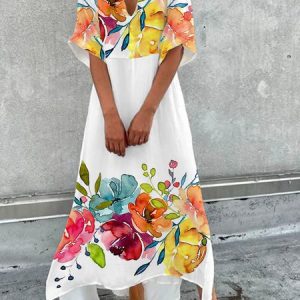 Women's Short Sleeve Summer Floral Dress V Neck Daily Going Out Vacation Maxi A-Line, JustFashionNow Dresses, color:White|size:XXL,