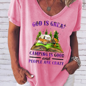 God Is Great Camping Shirt – Funny Camping V Neck Cotton-Blend T-Shirt, T-shirts, Lilicloth.com