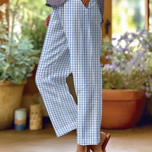 Women's  H-Line Straight Pants Daily Going Out Pants Blue Casual Printing Plaid Spring/Fall Pants, Pants, Lilicloth.com