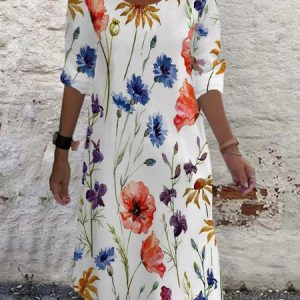 Women's Long Sleeve Spring/Fall Floral Jersey Dress Crew Neck Daily Going Out Casual Mini H-Line T-Shirt Dress, JustFashionNow Dresses, color:White|size:XXL,