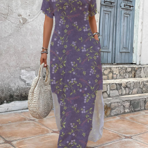 Women's Floral Short Sleeve Summer Printing Dress V Neck Daily Casual Maxi T-Shirt Dress H-Line Dress, JustFashionNow Casual Dresses, color:Purple|size:4XL,