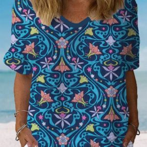 Women's Short Sleeve Blouse Summer Floral Cotton Crew Neck Daily Going Out Casual Top, JustFashionNow Blouses, color:Blue|size:XXL,