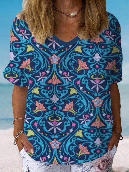 Women's Short Sleeve Blouse Summer Floral Cotton Crew Neck Daily Going Out Casual Top, JustFashionNow Blouses, color:Blue|size:XXL,