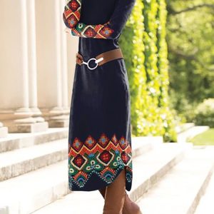 Women's Long Sleeve Spring/Fall Ethnic Geometry Dress Crew Neck Daily Going Out Vintage Midi A-Line T-Shirt Dress, JustFashionNow Dresses, color:Deep Blue|size:XXL,