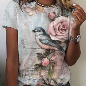Women Floral Short Sleeve Shirt Summer Crew Neck Daily Casual Top, JustFashionNow Blouses, color:Light Gray|size:4XL,