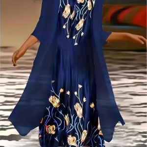 Women Floral Printing Two-Piece Set Daily Three Quarter Sleeve Casual Spring/Fall Dress With Coat Matching Set, JustFashionNow Suit Set, color:Purplish Blue|size:XXL,