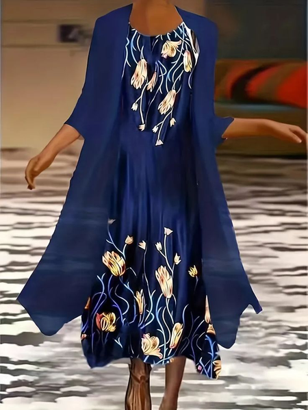 Women's Floral Printing Two-Piece Set Daily Three Quarter Sleeve Casual Spring/Fall Coat With Skirt Matching Set, JustFashionNow Suit Set, color:Purplish blue|size:XXL,
