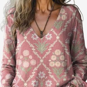 Women's Plants Floral Long Sleeve Tee T-shirt V Neck Casual Spring/Fall Top, JustFashionNow T-Shirts, color:Pink|size:XXL,