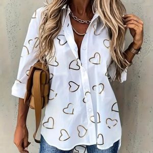 Women's Long Sleeve Shirt Spring/Fall Heart/Cordate Printing Shirt Collar Daily Going Out Casual Top, JustFashionNow Shirts, color:White|size:XXL