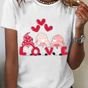 Women's Valentine's Day Gnomes Love Heart Print Graphic Print Short Sleeve Round Neck T-Shirt, JustFashionNow T-Shirts, color:White|size:XXL,