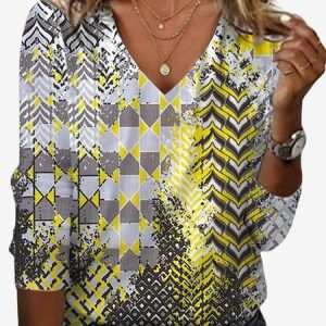 Women's Long Sleeve Tee T-shirt Spring/Fall Geometric Jersey V Neck Daily Going Out Casual Top, JustFashionNow T-Shirts, color:Yellow|size:XXL,