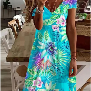 Women Floral Short Sleeve Summer Dress V Neck Daily Casual Midi A-Line Dress, JustFashionNow Dresses, color:Green|size:4XL,