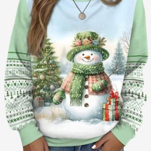 Women's Crew Neck Christmas Snowman Casual Spring/Fall Long Sleeve Sweatshirt, JustFashionNow Sweatshirts & Hoodies, color:Green|size:XXL,