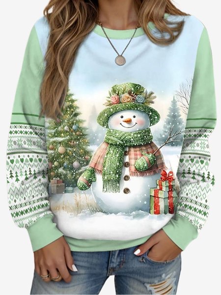 Women's Crew Neck Christmas Snowman Casual Spring/Fall Long Sleeve Sweatshirt, JustFashionNow Sweatshirts & Hoodies, color:Green|size:XXL,