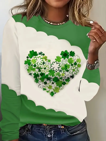 Women's Shamrock Long Sleeve Tee T-shirt Crew Neck Printing Casual Spring/Fall Graphic Tee Top, JustFashionNow T-Shirts, color:Green|size:XXL