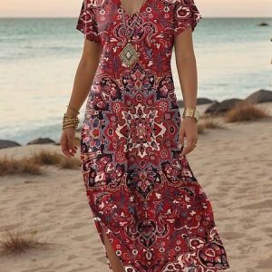 Women's retro nostalgic ethnic print hem side slit V-neck long skirt, Dresses, Lilicloth.com