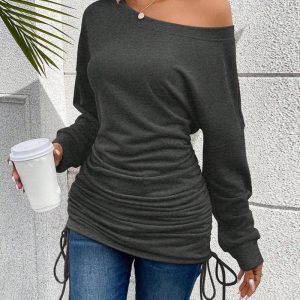 Skew Neck Long Sleeve Drop Shoulder Side Drawstring Tee Casual Mid-length Top, women T-shirt & Tees, ChicMe catalog