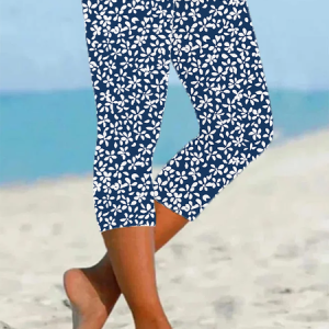 Women's Floral Capris Elastic Waist Pant Casual Summer Trousers, JustFashionNow Leggings, color:Purplish Blue|size:XXL,