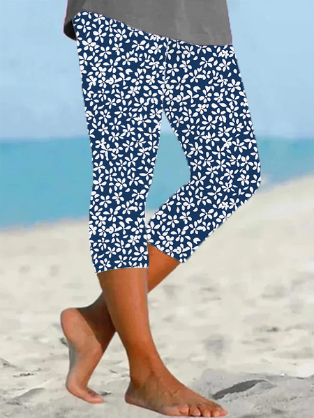 Women's Floral Capris Elastic Waist Pant Casual Summer Trousers, JustFashionNow Leggings, color:Purplish Blue|size:XXL,