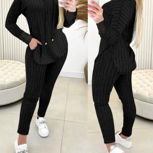 Lace Patch Ribbed Hooded Top & Pocket Design Pants Set, women Two-piece Sets, ChicMe catalog
