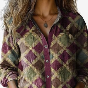 Women's Long Sleeve Shirt Spring/Fall Geometric Shirt Collar Holiday Going Out Casual Top, JustFashionNow Shirts, color:Wine Red|size:XXL,