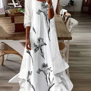 Women Floral Printing Two-Piece Set Daily Three Quarter Sleeve Casual Spring/Fall Dress With Coat Matching Set, JustFashionNow Suit Set, color:White|size:XXL,