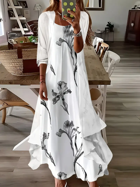 Women Floral Printing Two-Piece Set Daily Three Quarter Sleeve Casual Spring/Fall Dress With Coat Matching Set, JustFashionNow Suit Set, color:White|size:XXL,