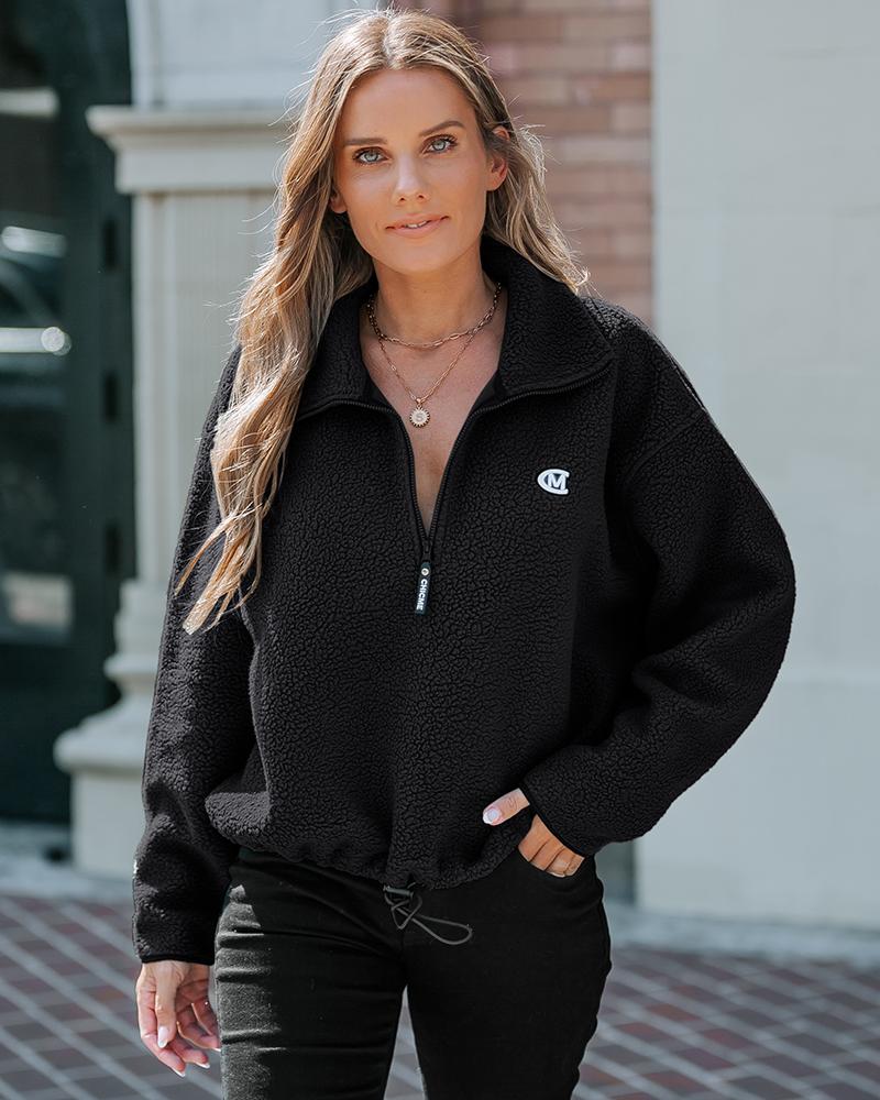 Stand Collar Drop Shoulder Half Zipper Sweatshirt Casual Drawstring Hem Faux Shearling Top, women Sweats & Hoodies, ChicMe catalog - Image 4