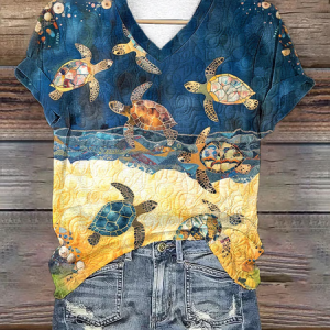 Women's Artistic Turtle Print V-Neck Short Sleeve T-Shirt, T-shirts, Lilicloth.com