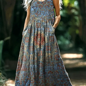 Women Geometric V Neck Sleeveless Comfy Vintage Maxi Dress, Maxi, color:Blue|size:4XL, catalog Noracora shop