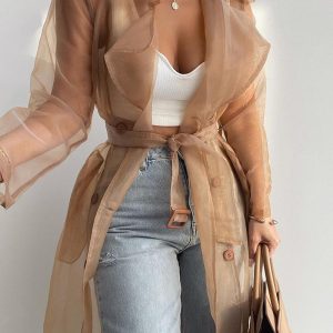 Sheer Mesh Long Sleeve Transparent Jacket Coat Buttoned Longline Trench Coat with Belt, women Jackets & Coats, ChicMe catalog