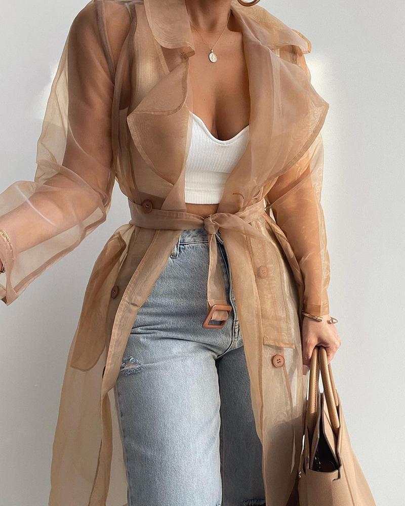 Notched Collar Long Sleeve Double Breasted Sheer Mesh Jacket Casual Longline Trench Coat with Belt, women Jackets & Coats, ChicMe catalog - Image 2